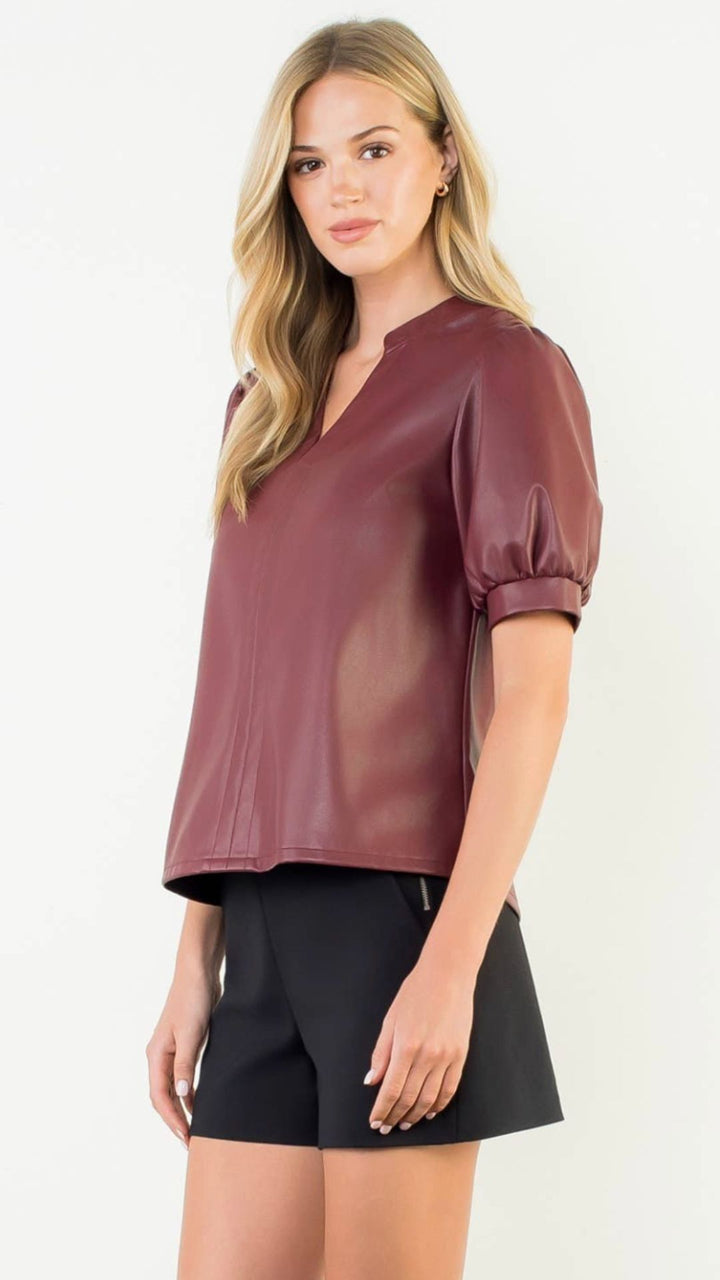 Burgundy Puff Sleeve Leather Top