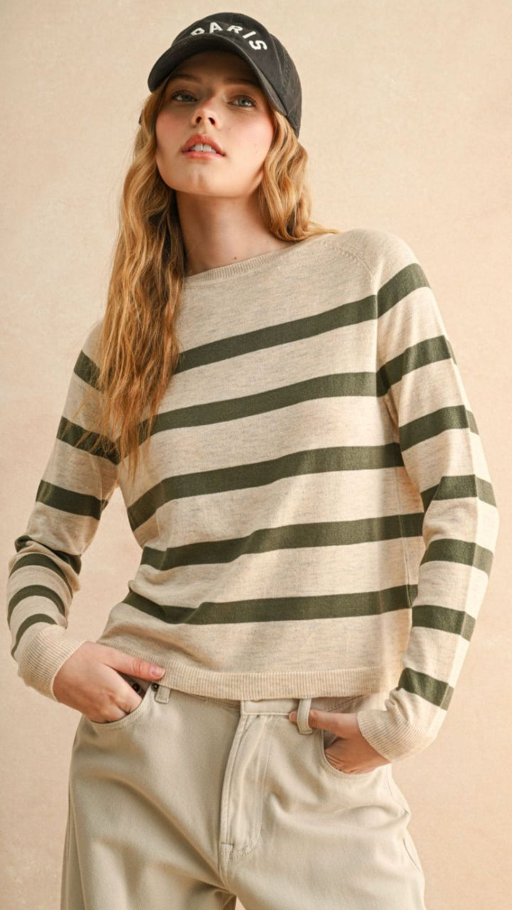 Olive And Oatmeal Striped Round Neck Top