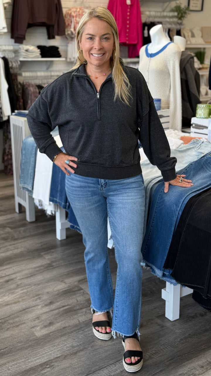 High Rise Light Wash Slant Raw Hem Crop Flare Jeans