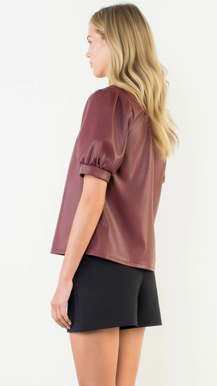 Burgundy Puff Sleeve Leather Top