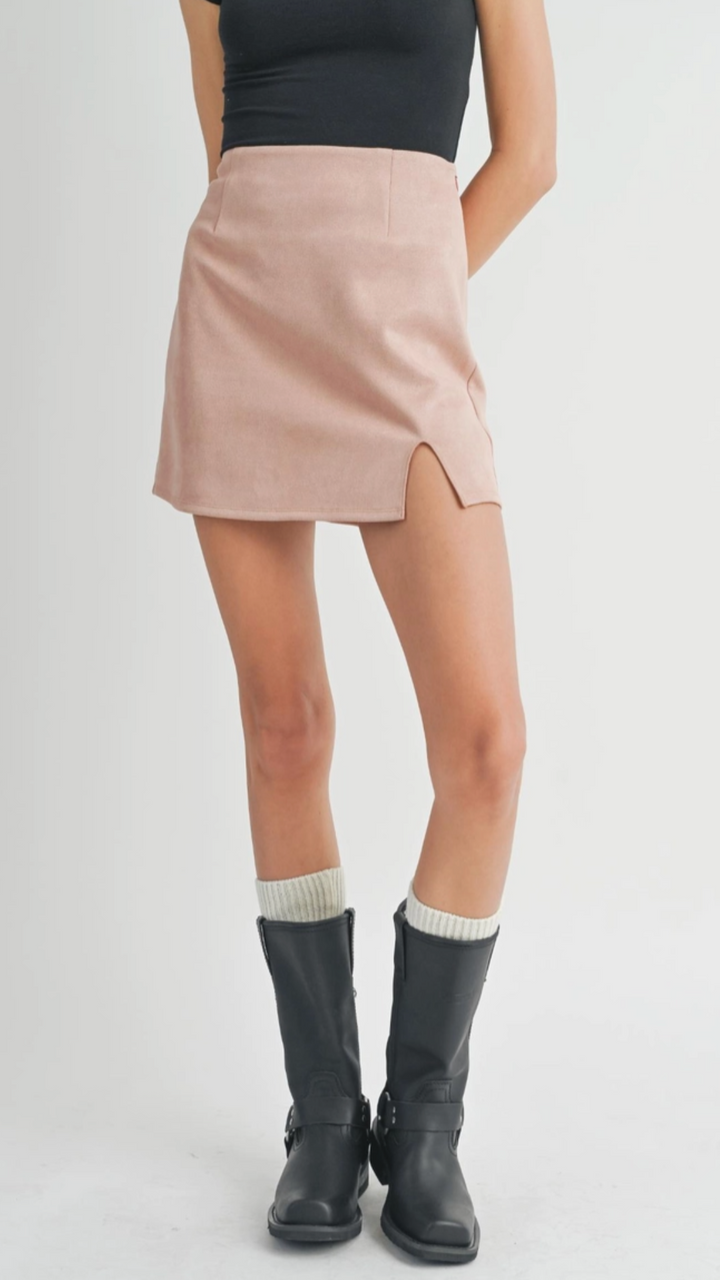 Rose Pink Suede Mini Skirt With Front Slit