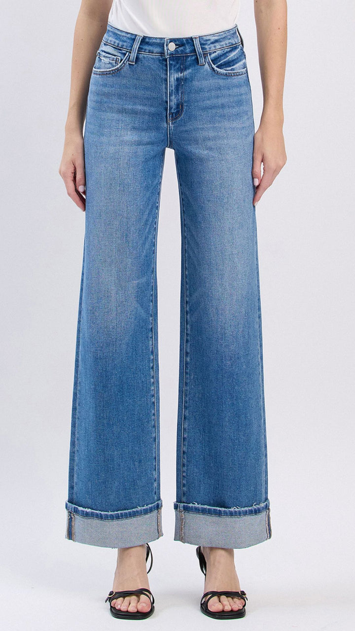High Rise Medium Wash Full Length Cuffed Wide Jeans