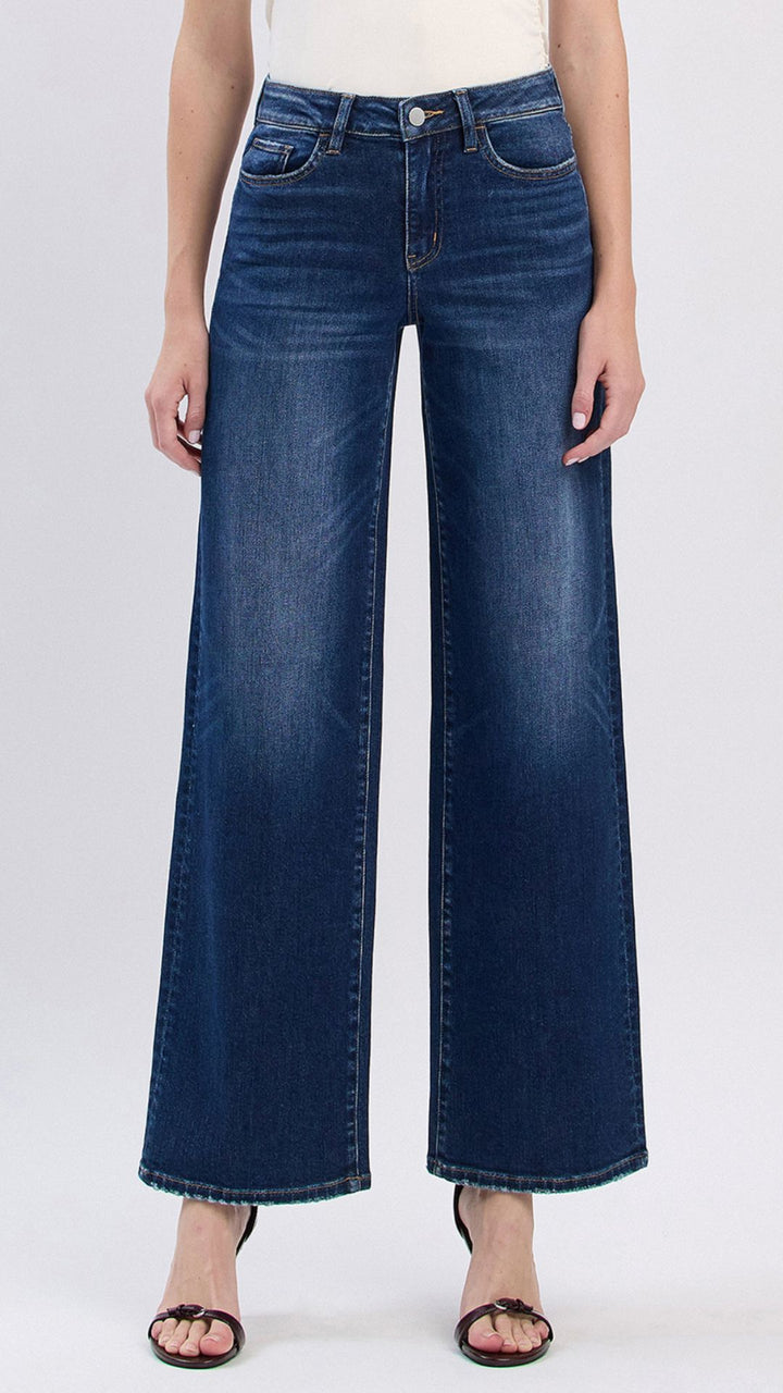 High Rise Dark Wash Full Length Wide Leg Jeans