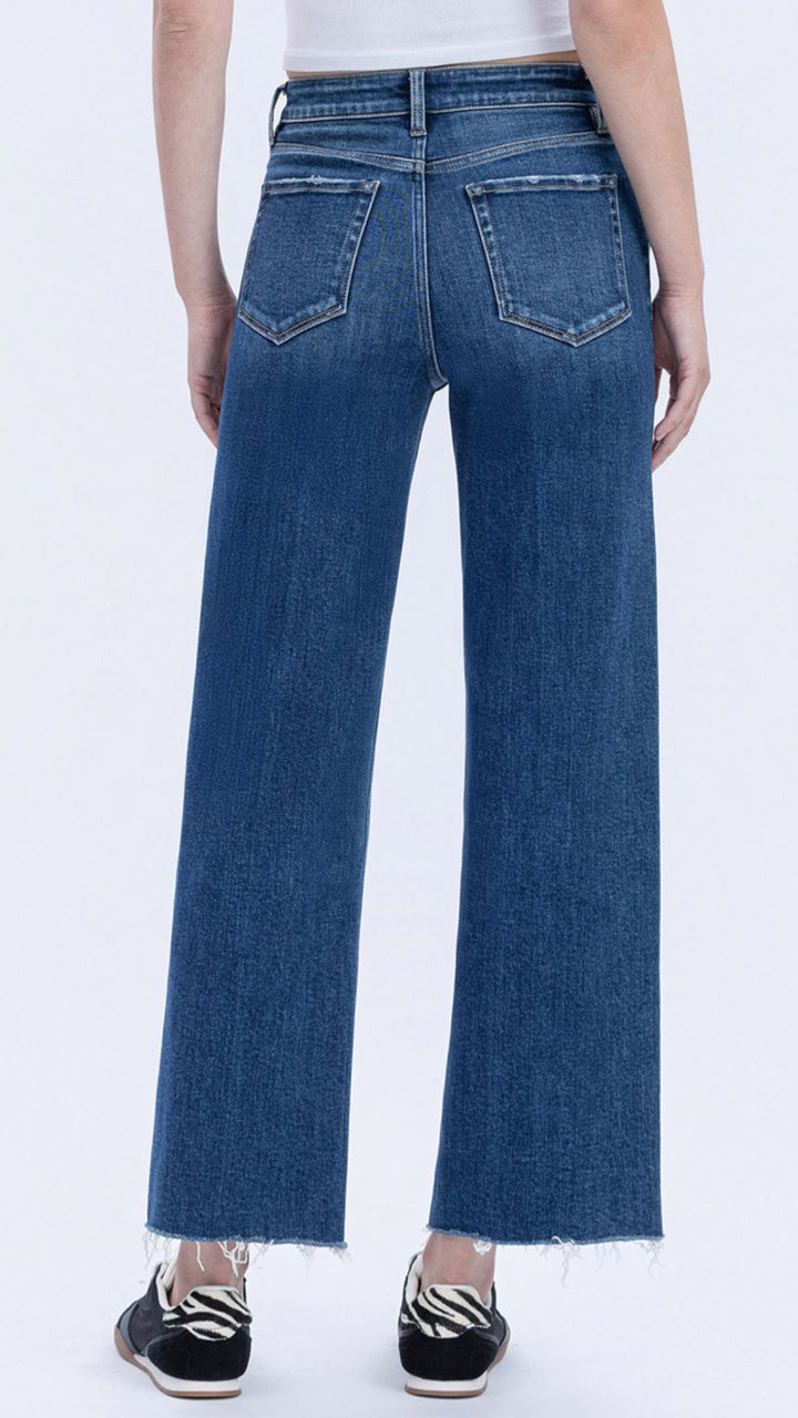 High Rise Dark Wash Trouser Press Wide Leg Jeans