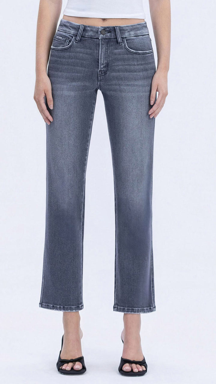 Mid Rise Gray Seamless Waistband Straight Jeans