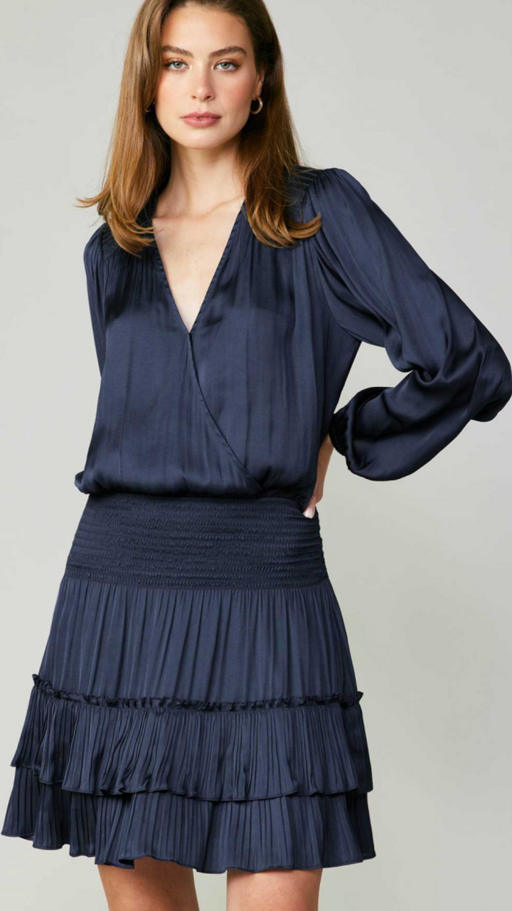 Navy Surplice Neck Tiered Mini Dress