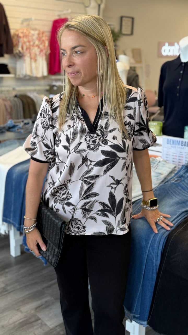 Pink And Black Floral Print Blouse