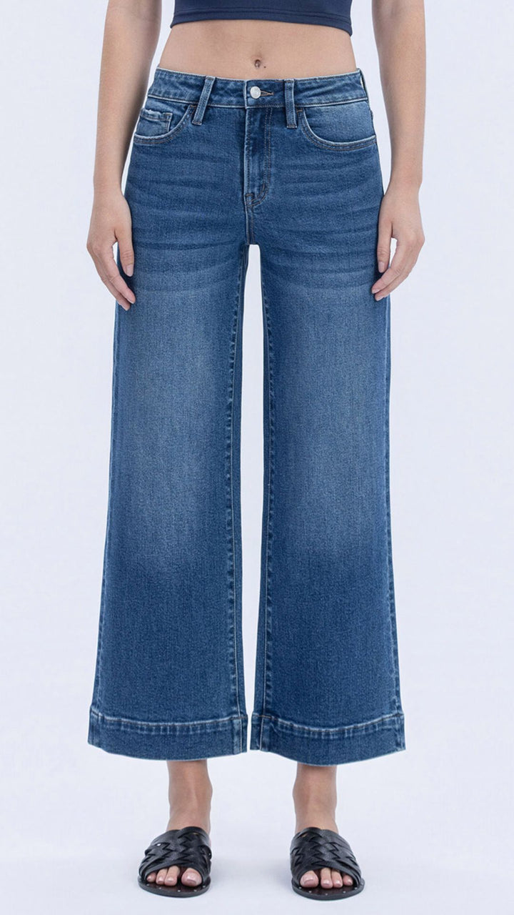 High Rise Dark Wash Trouser Hem Wide Leg Jeans