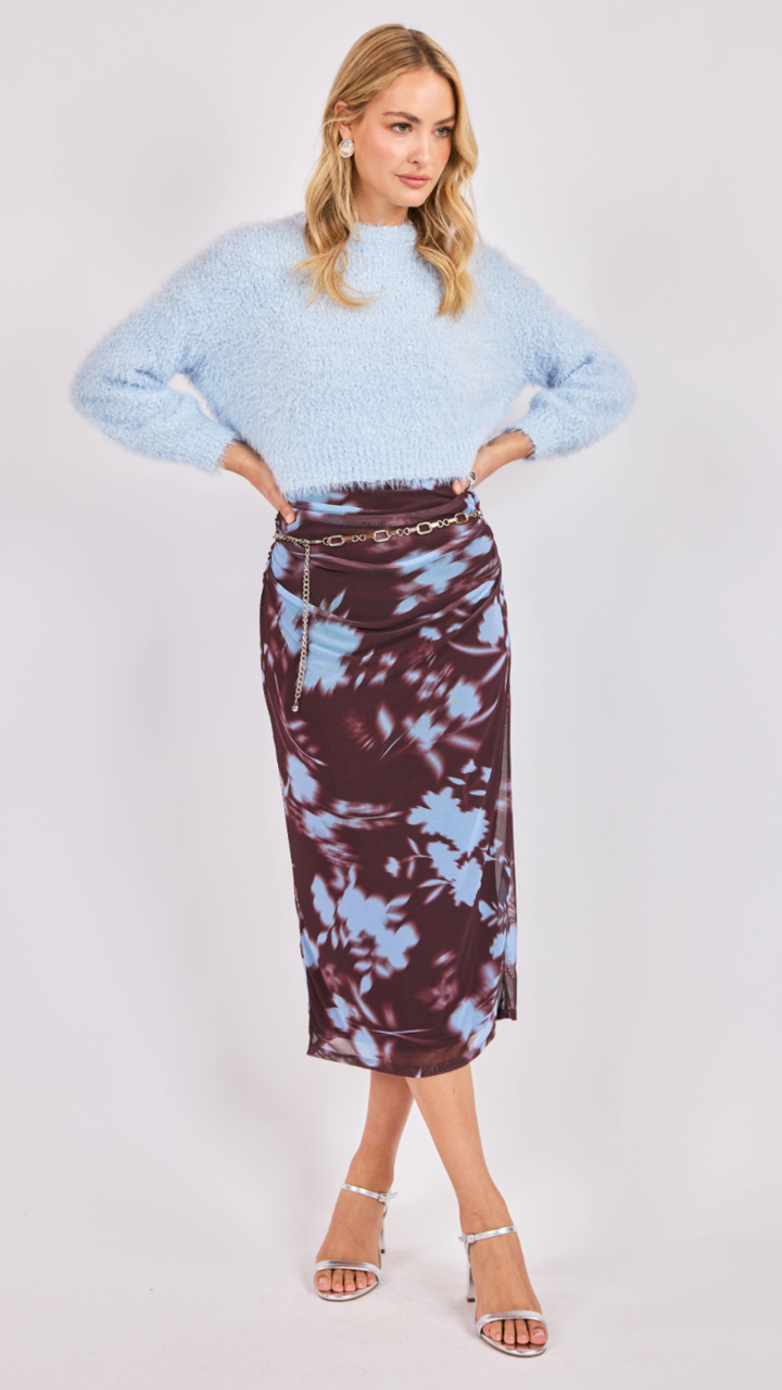 Brown And Blue Floral Mesh Ruched Midi Dress