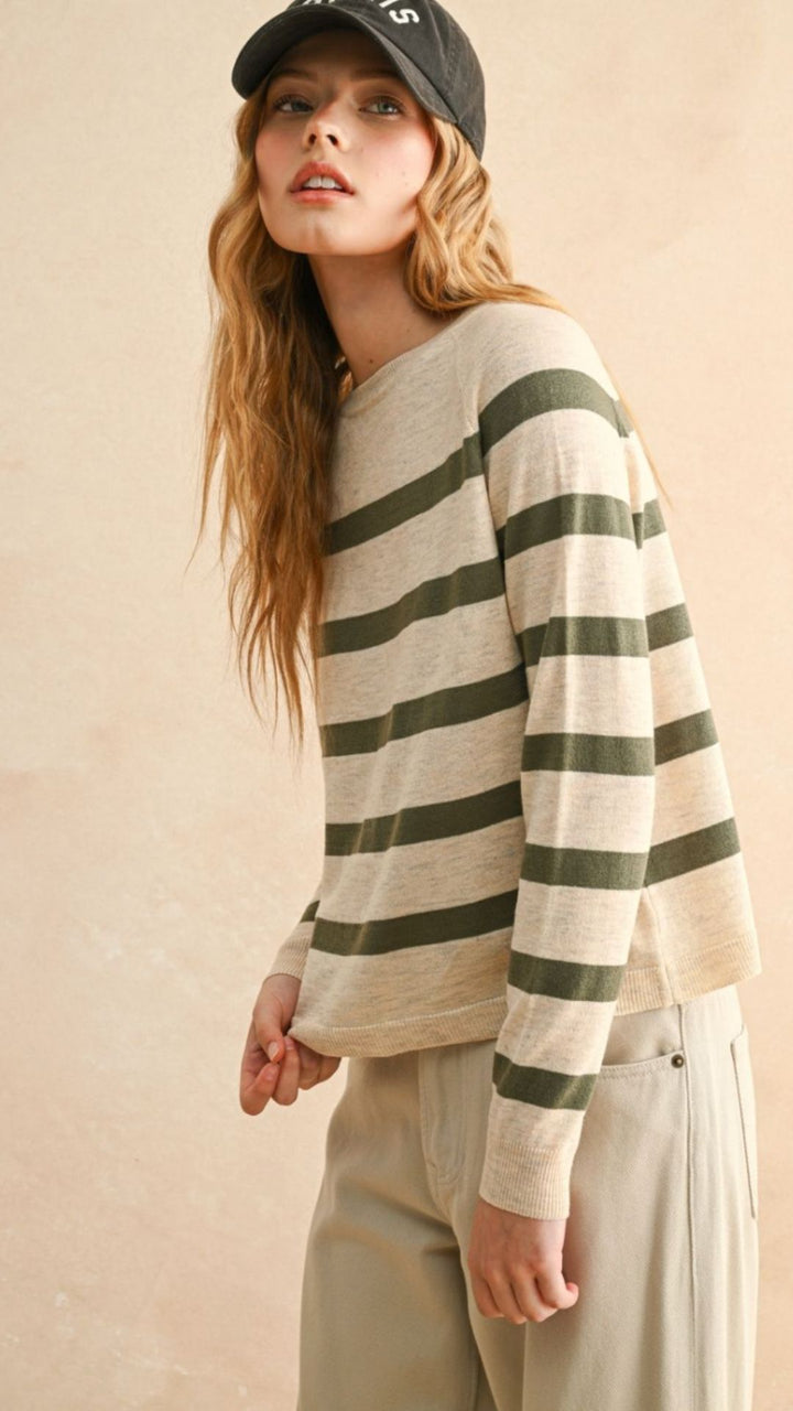 Olive And Oatmeal Striped Round Neck Top