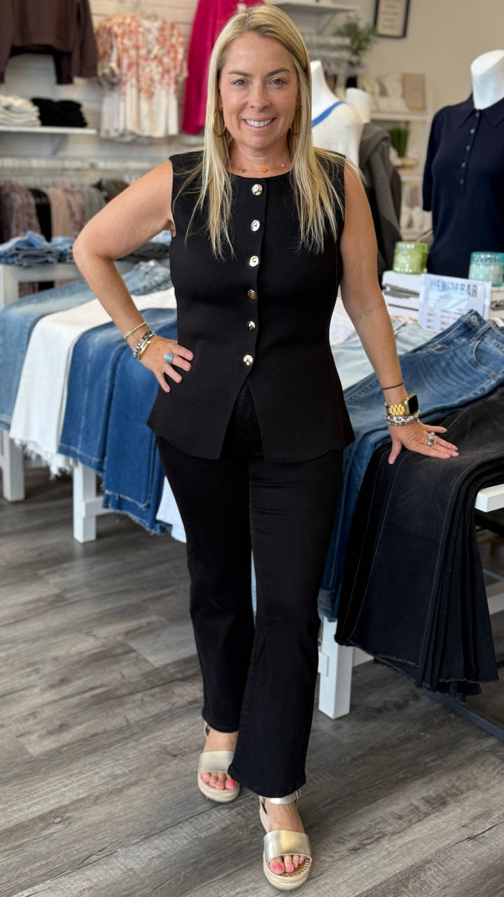 Black Sleeveless Sweater Knit Buttoned Peplum Top