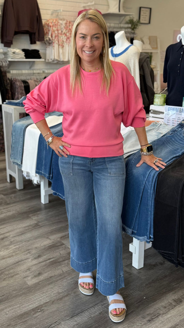 High Rise Elastic Waistband Utility Pocket Wide Leg Jeans