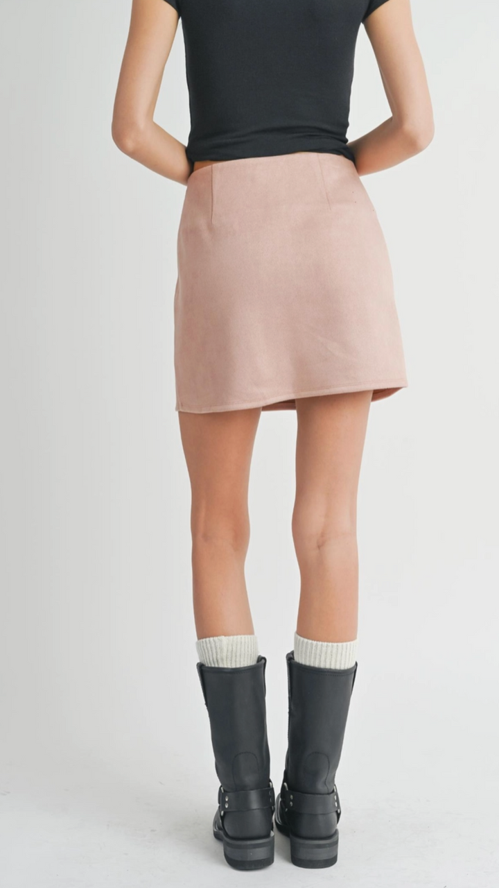 Rose Pink Suede Mini Skirt With Front Slit