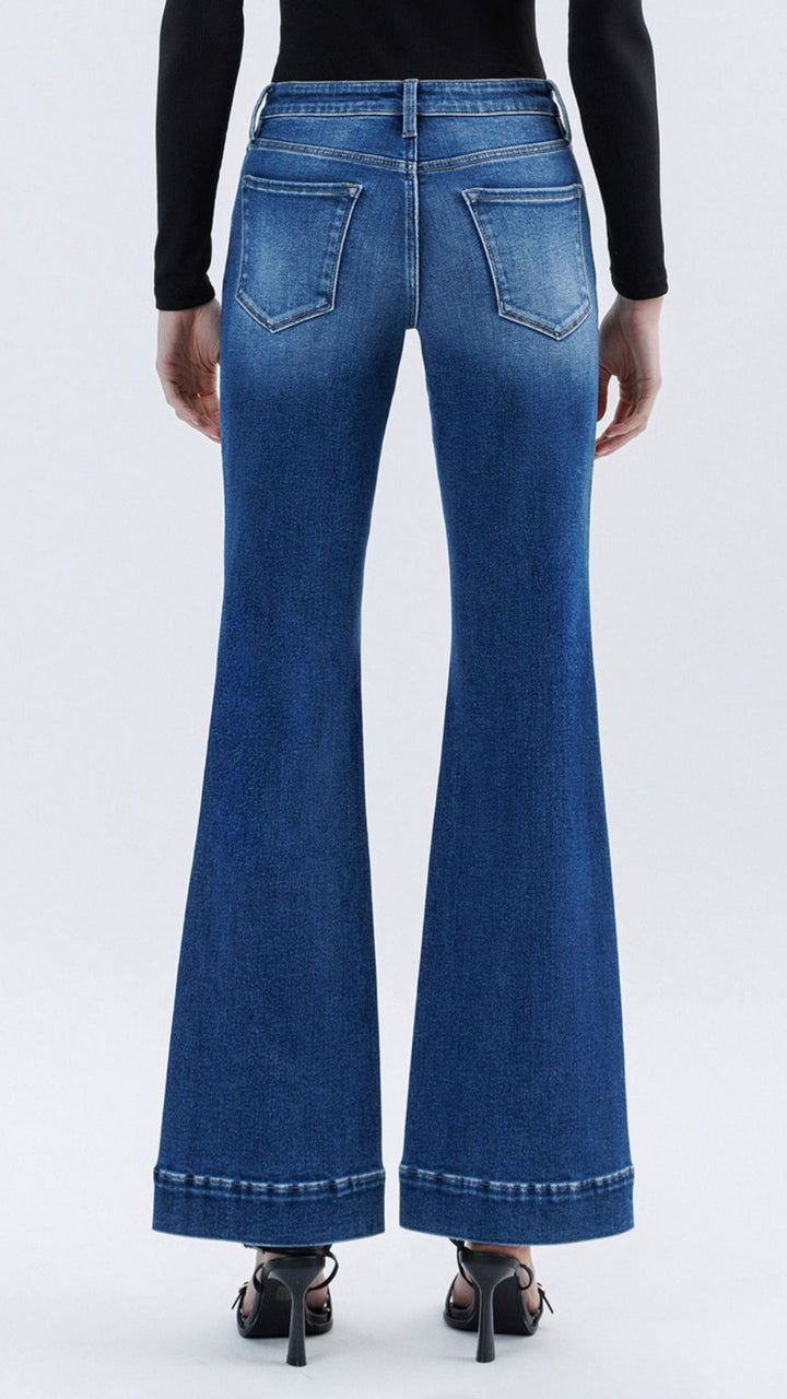 High Rise Dark Wash Trouser Hem Relaxed Flared Full Length Jeans