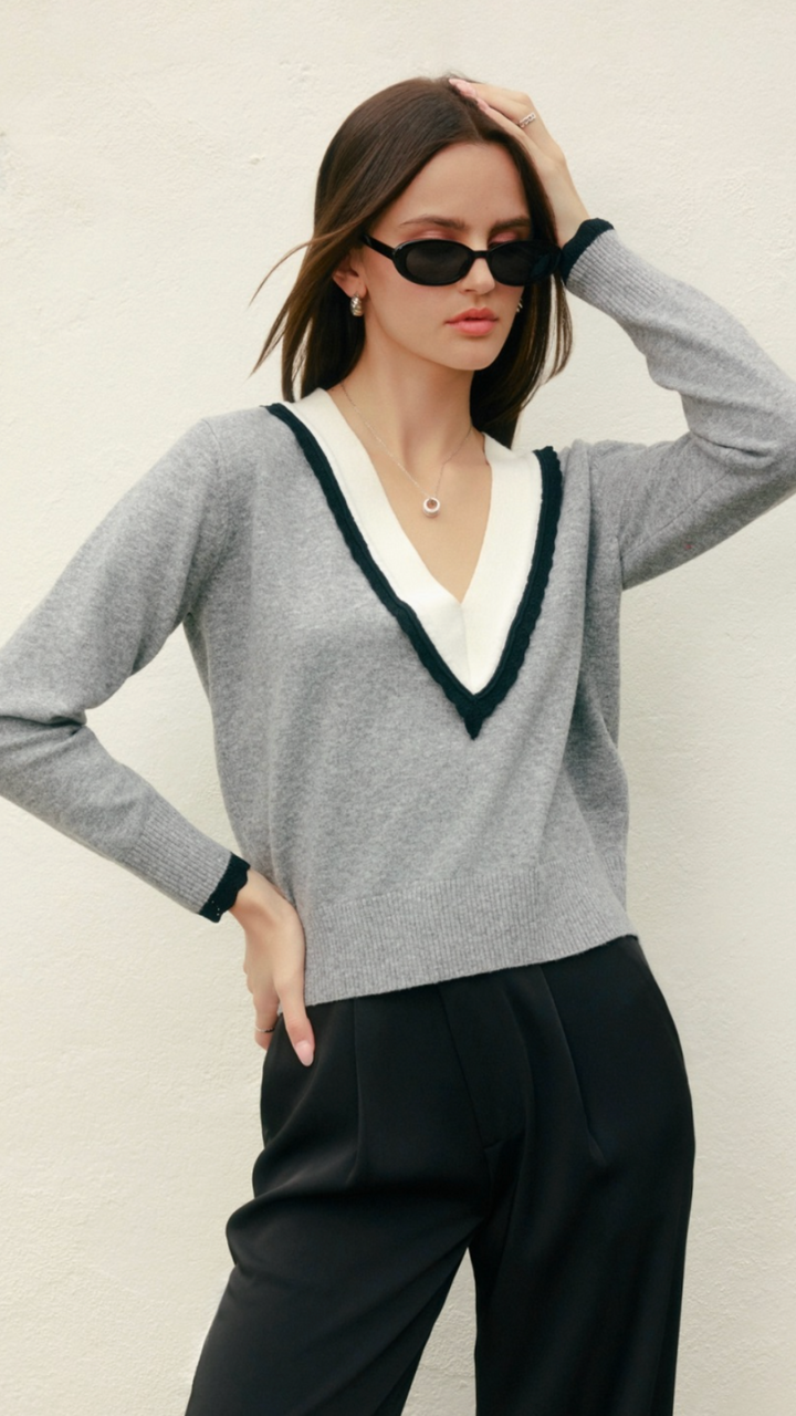 Varsity Contrast Deep V Neck Sweater