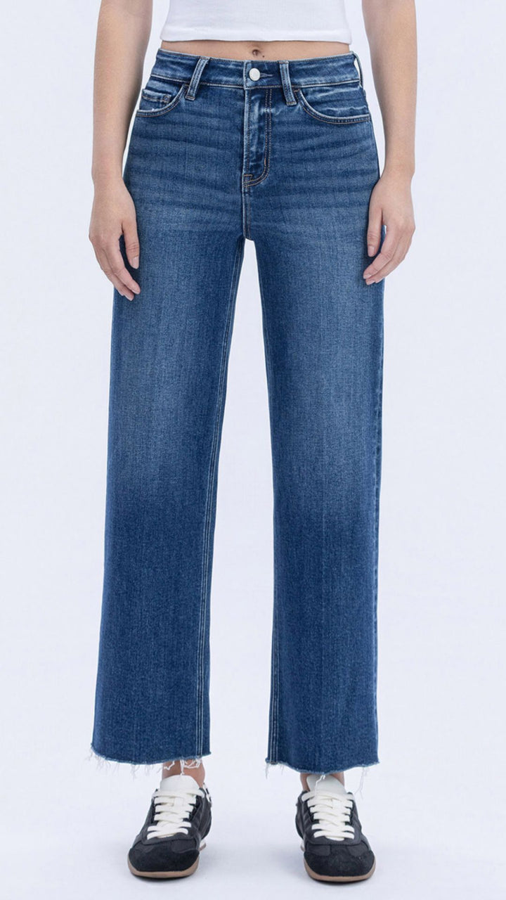 High Rise Dark Wash Trouser Press Wide Leg Jeans