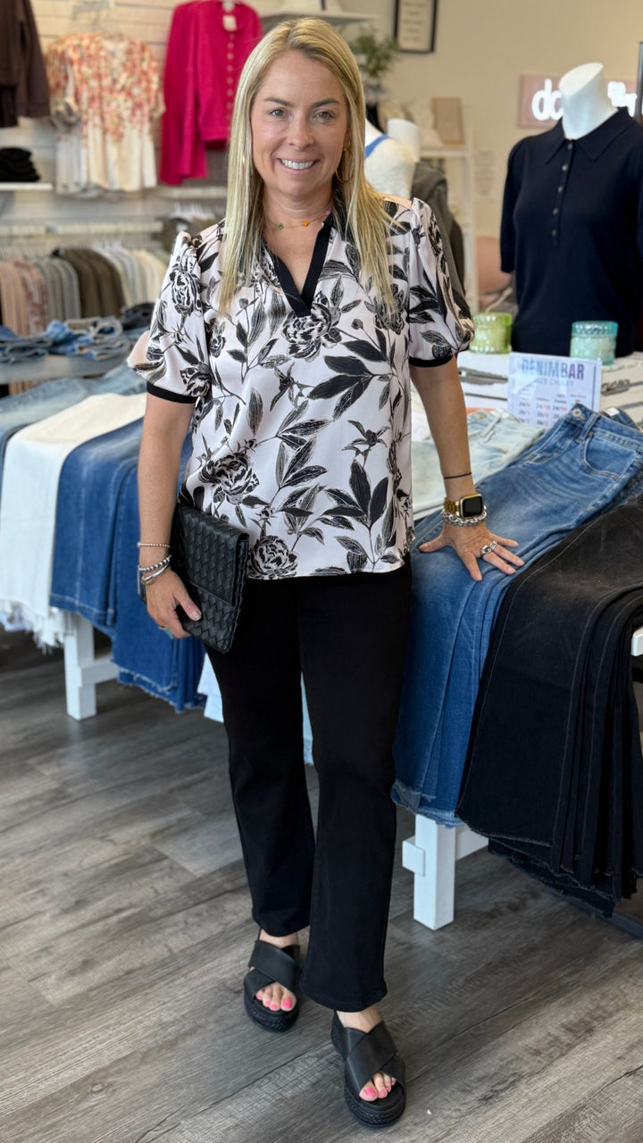 Pink And Black Floral Print Blouse