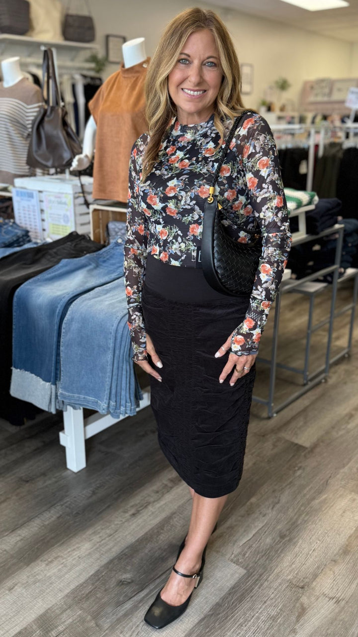 Black Stretch Cord Midi Trace Skirt