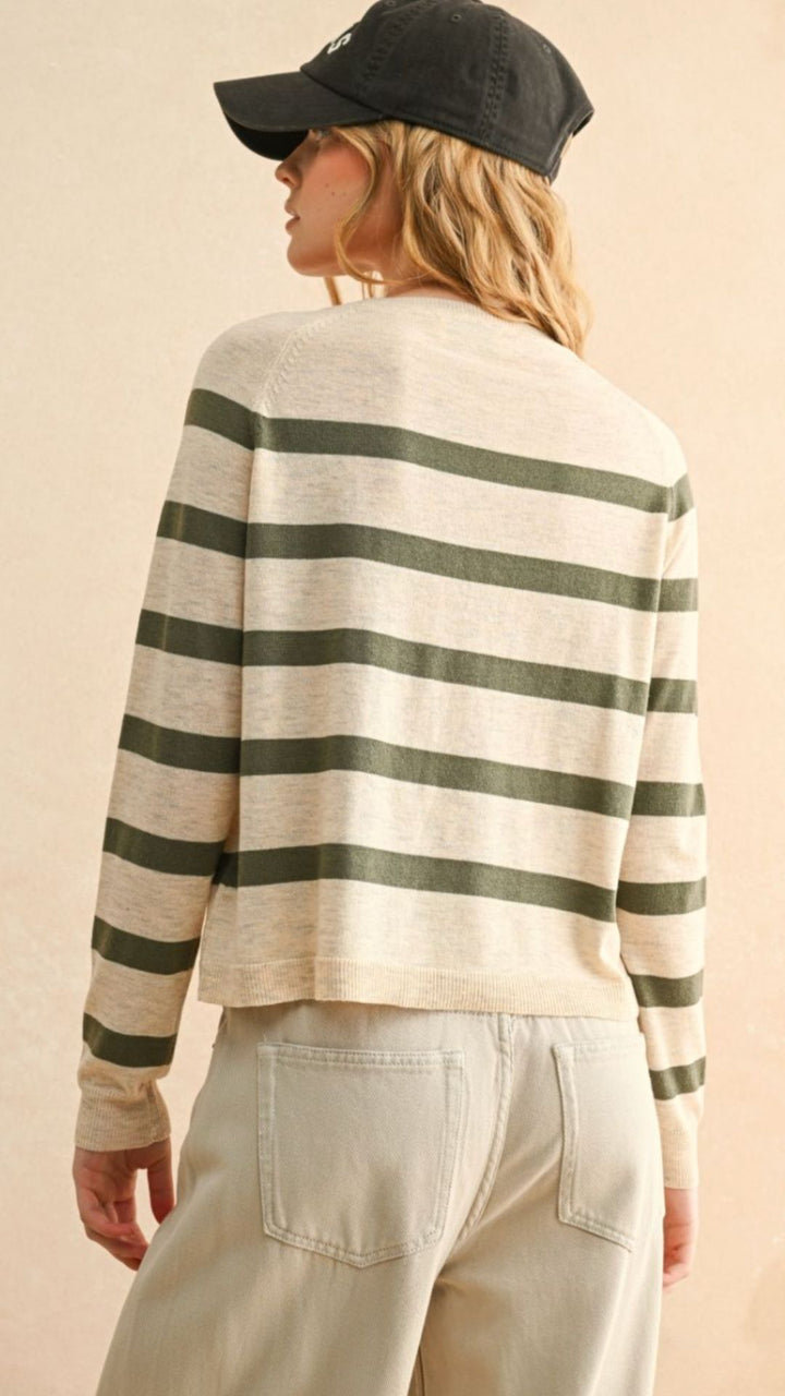 Olive And Oatmeal Striped Round Neck Top