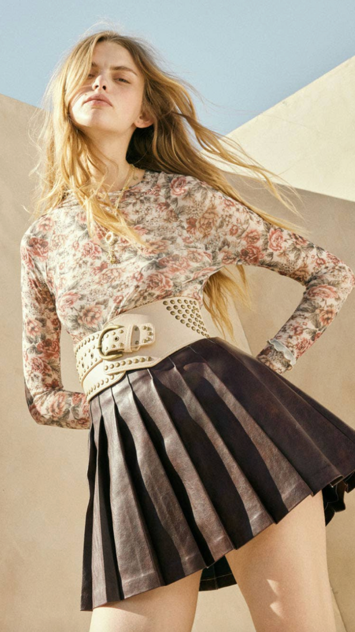 Cream Floral Print Mesh Mock Neck Top