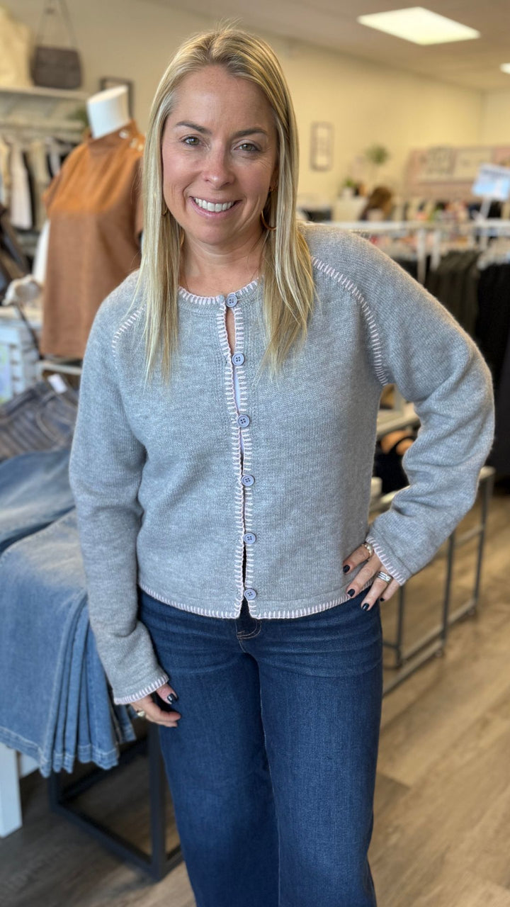 Gray And Pink Contrast Stitch Sweater