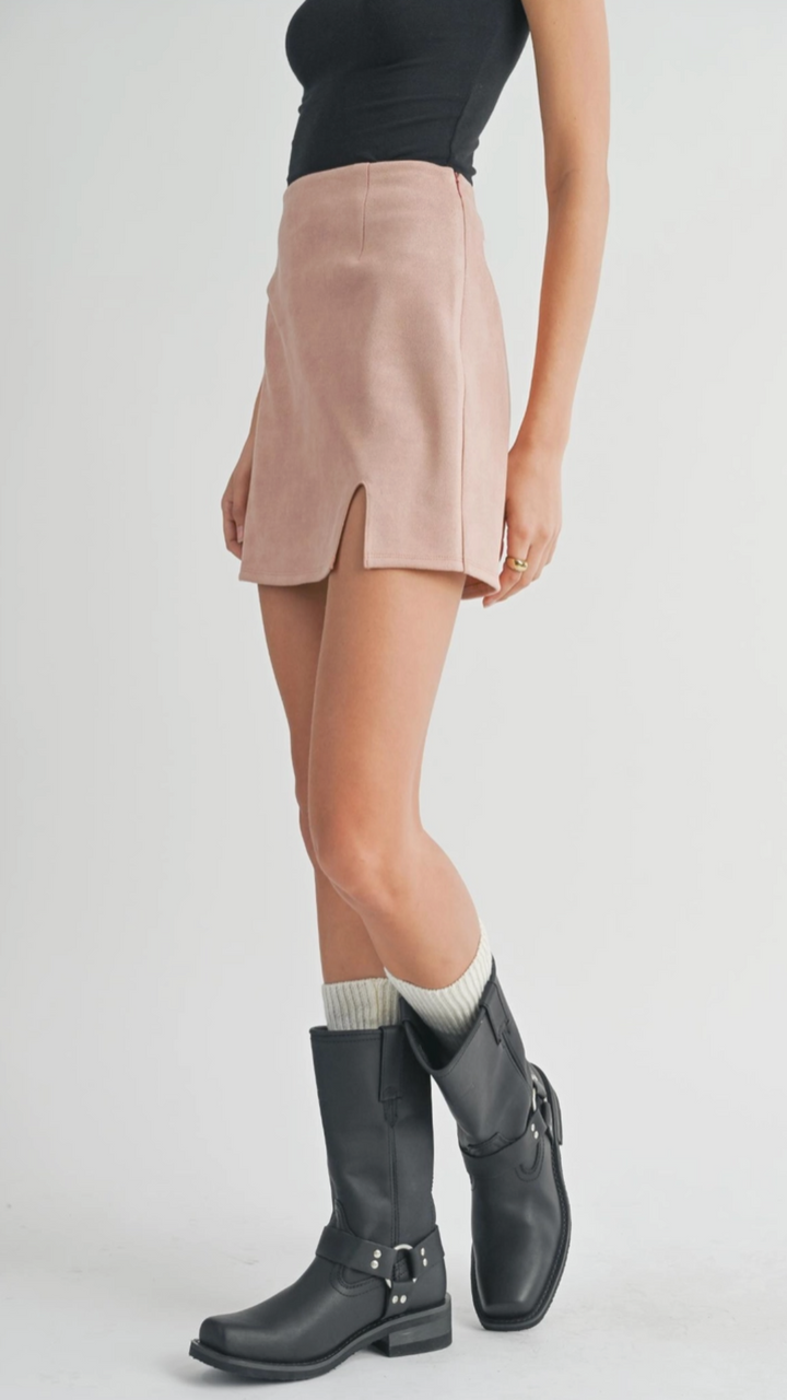 Rose Pink Suede Mini Skirt With Front Slit