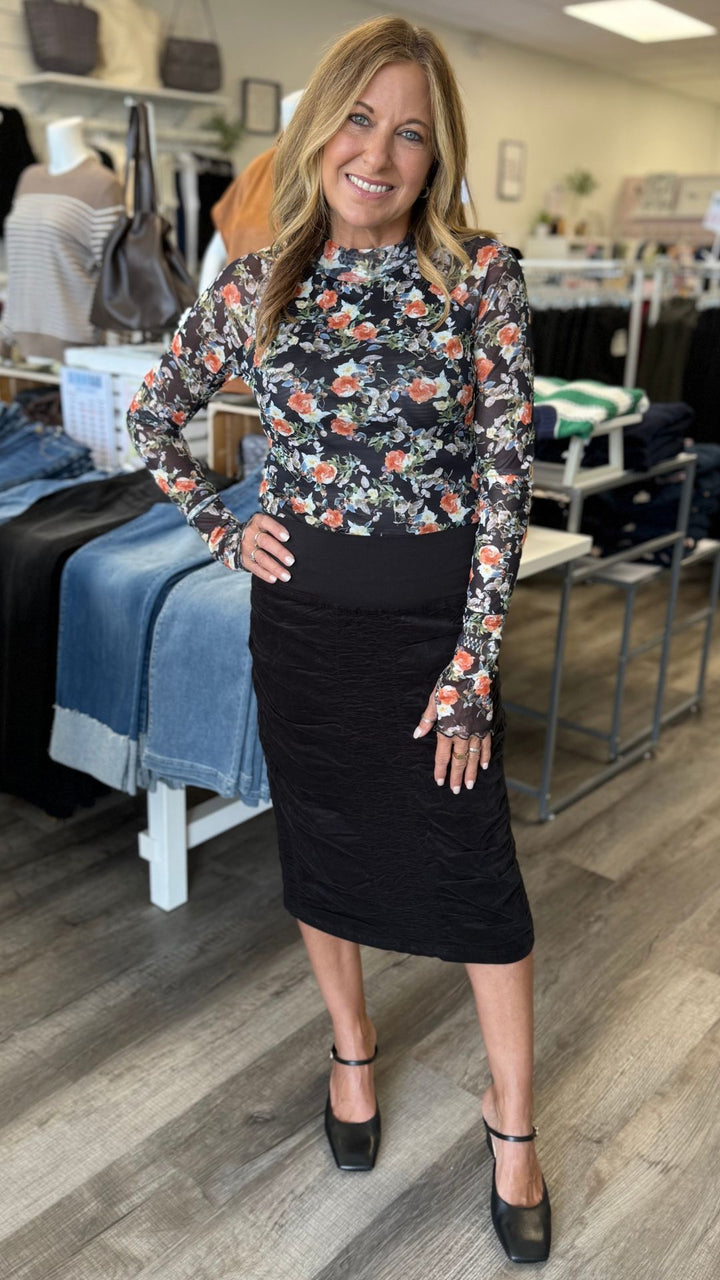 Black Stretch Cord Midi Trace Skirt