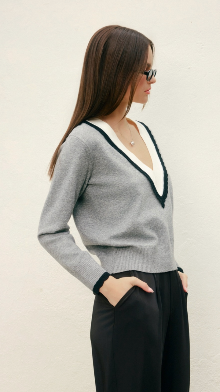Varsity Contrast Deep V Neck Sweater