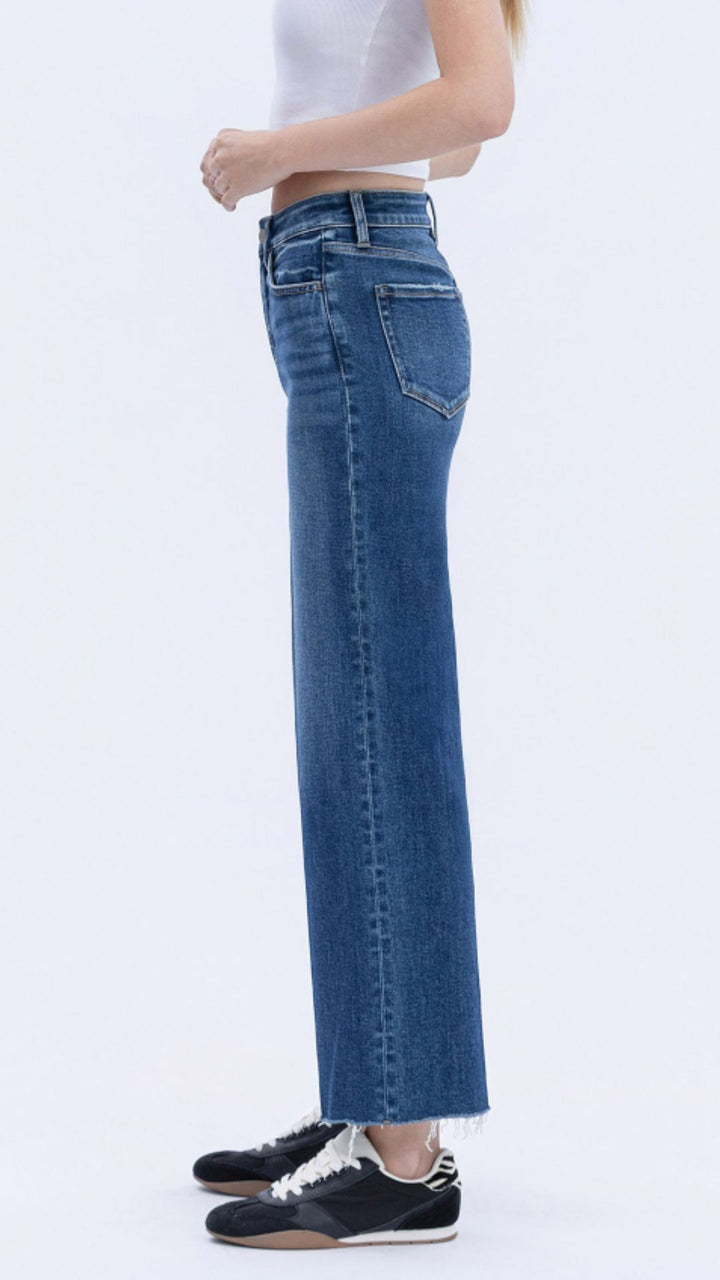 High Rise Dark Wash Trouser Press Wide Leg Jeans