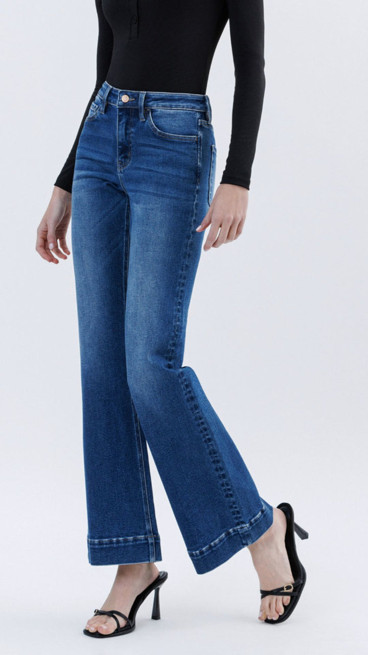 High Rise Dark Wash Trouser Hem Relaxed Flared Full Length Jeans