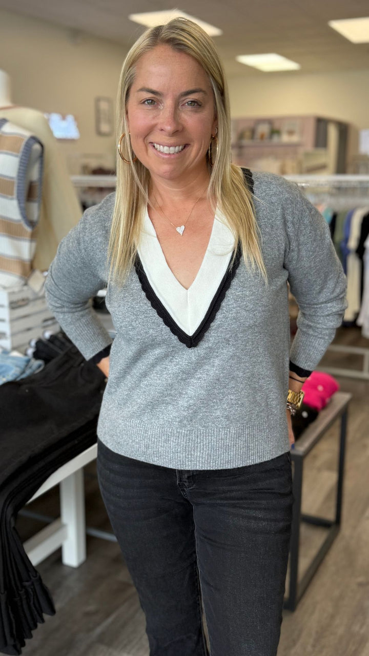 Varsity Contrast Deep V Neck Sweater