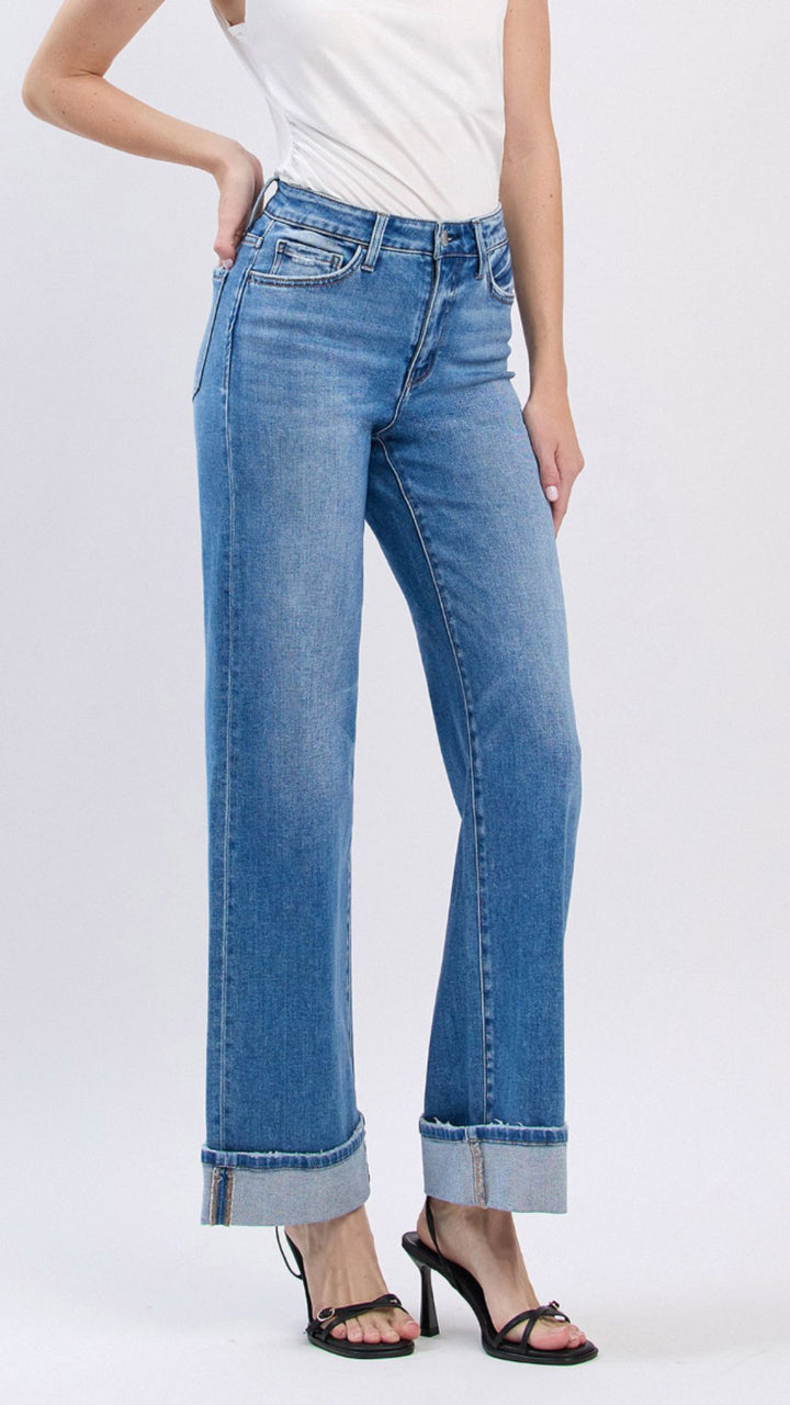 High Rise Medium Wash Full Length Cuffed Wide Jeans