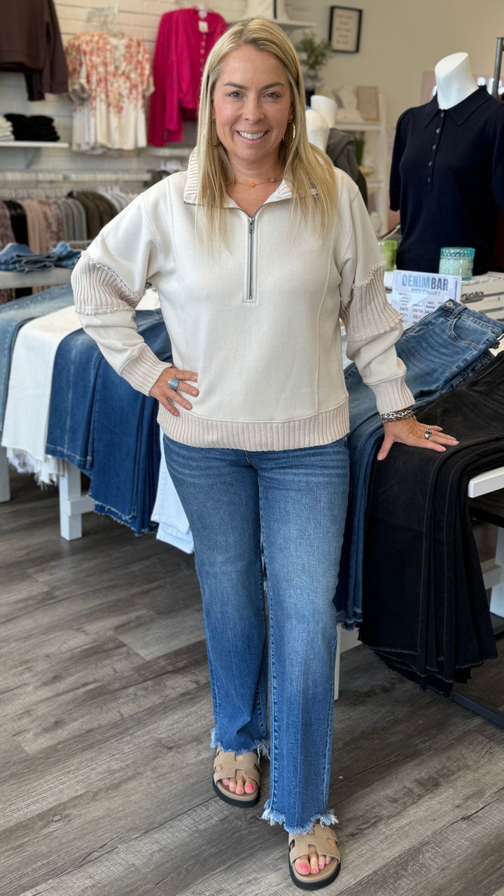 Bone Fleece Quarter Zip With Rib Detail Sweatshirt