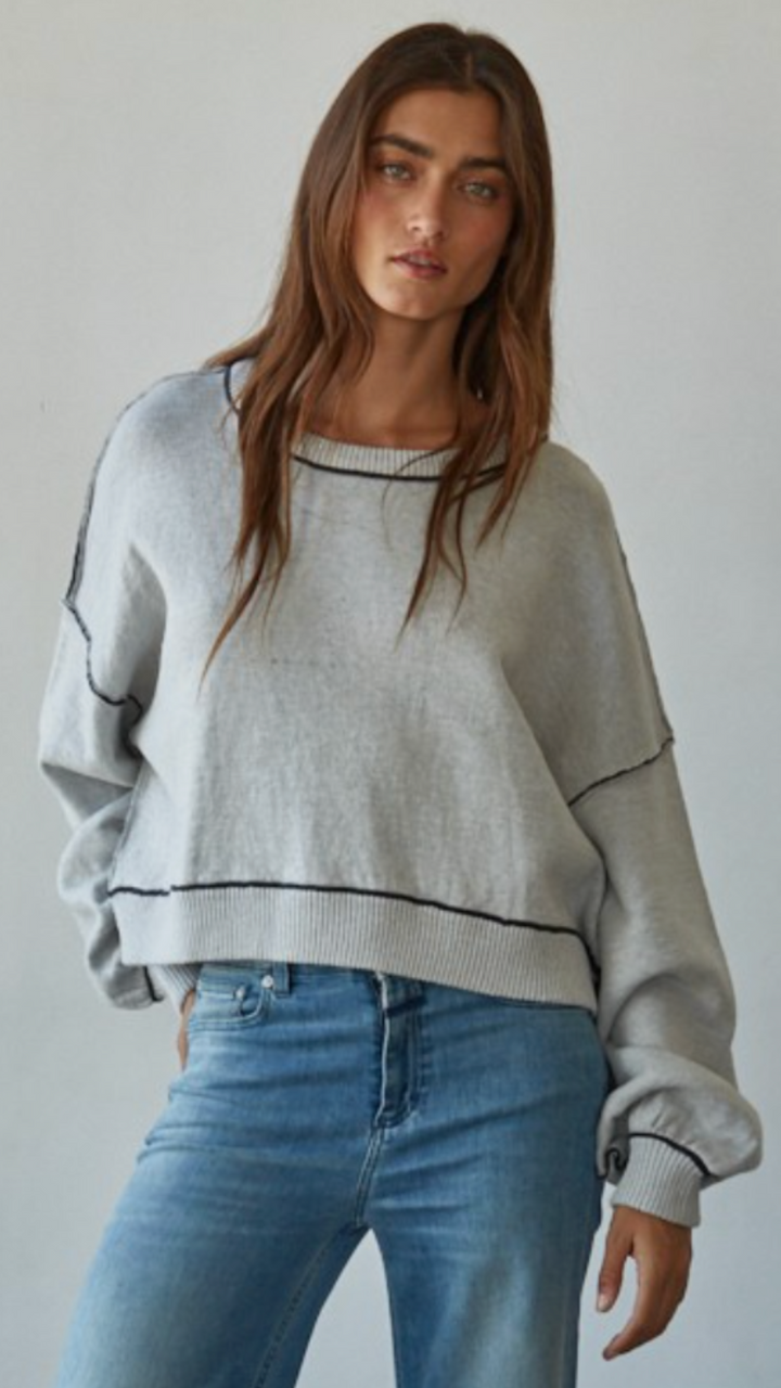 Light Gray Contrast Seam Pullover Sweater