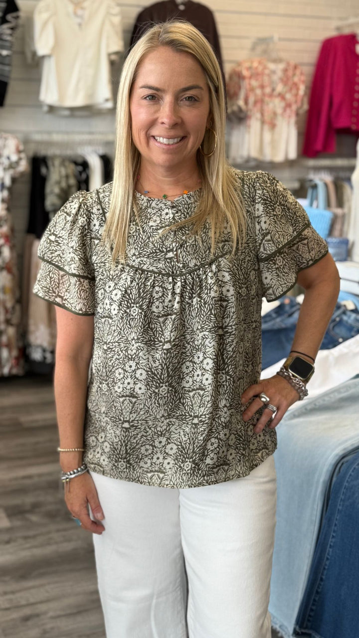 Ruffled Sleeve Printed Blouse