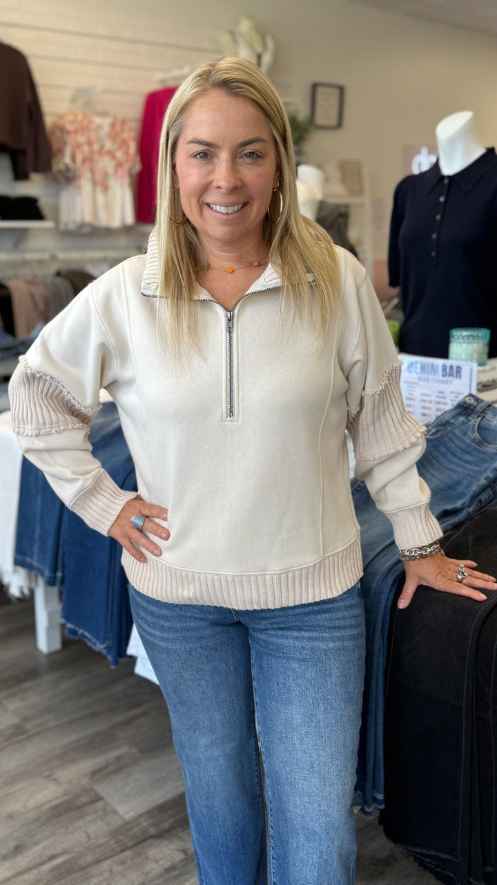 Bone Fleece Quarter Zip With Rib Detail Sweatshirt