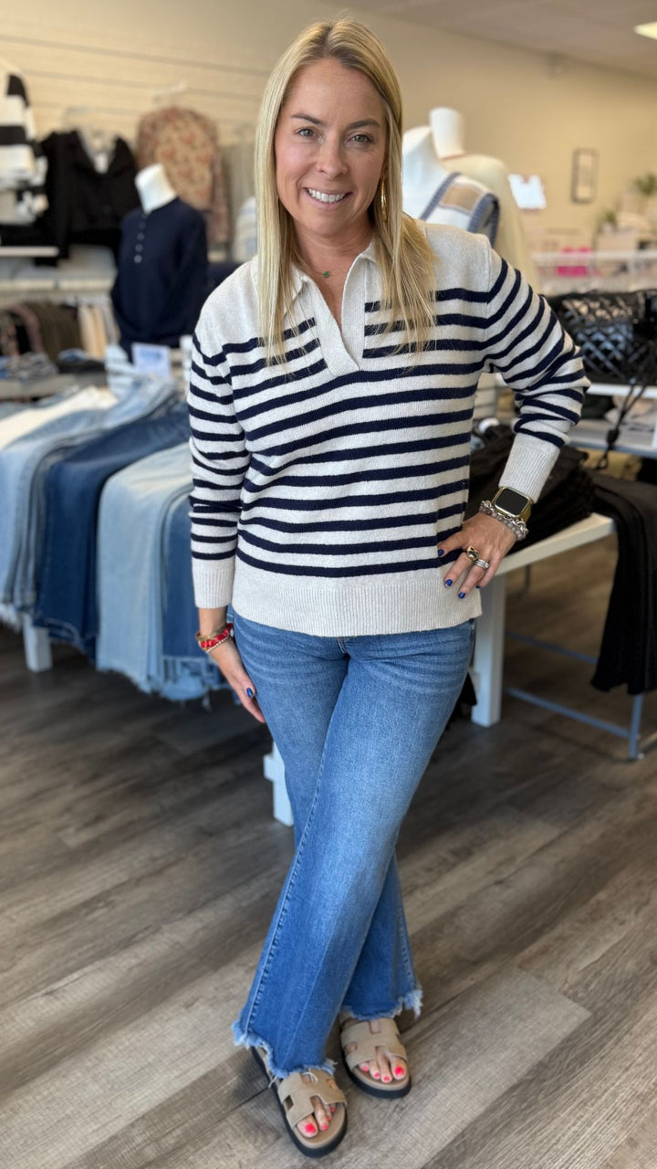 Soft Fuzzy Navy Striped Polo Sweater