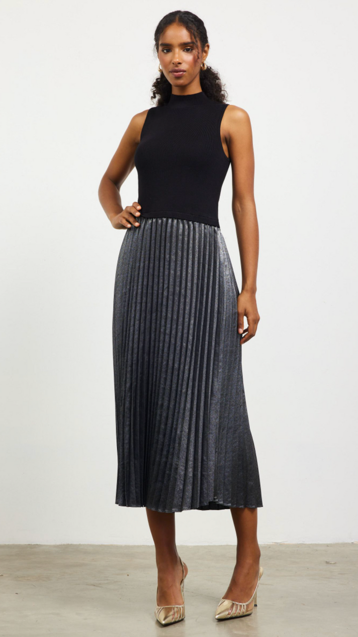 Pleated Contrast Mock Neck Dress