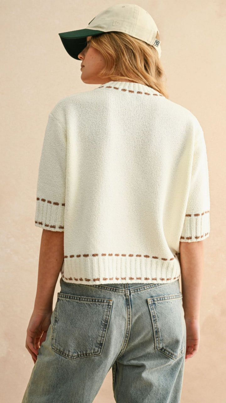 Brown Stitch Detail Short Sleeve Sweater