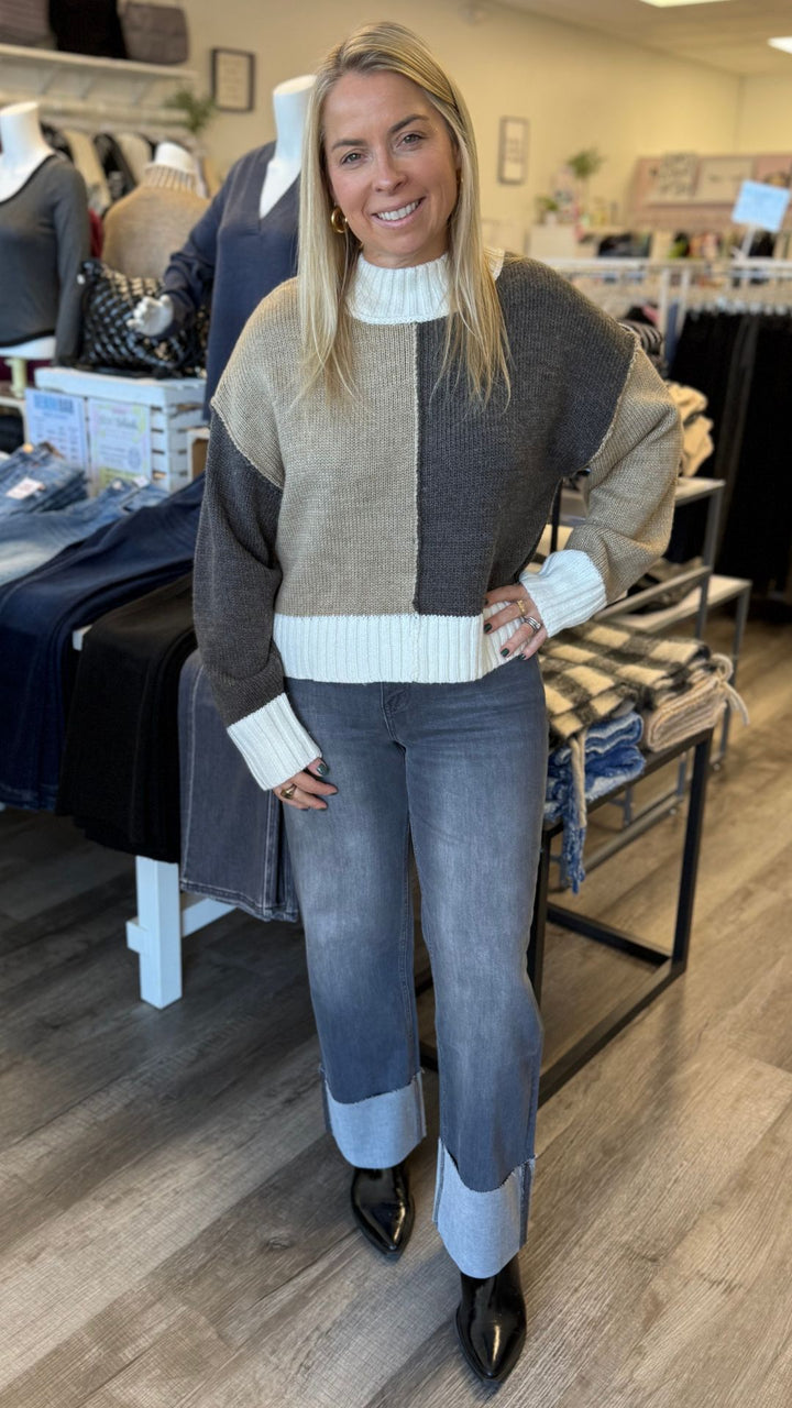 High Rise Dark Gray Cuffed Slim Wide Leg Jeans