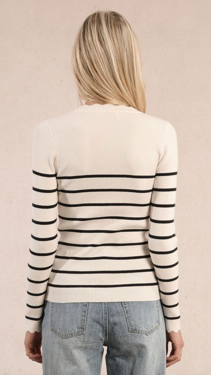 Off White And Navy Stripe Buttoned Scalloped Detail Top