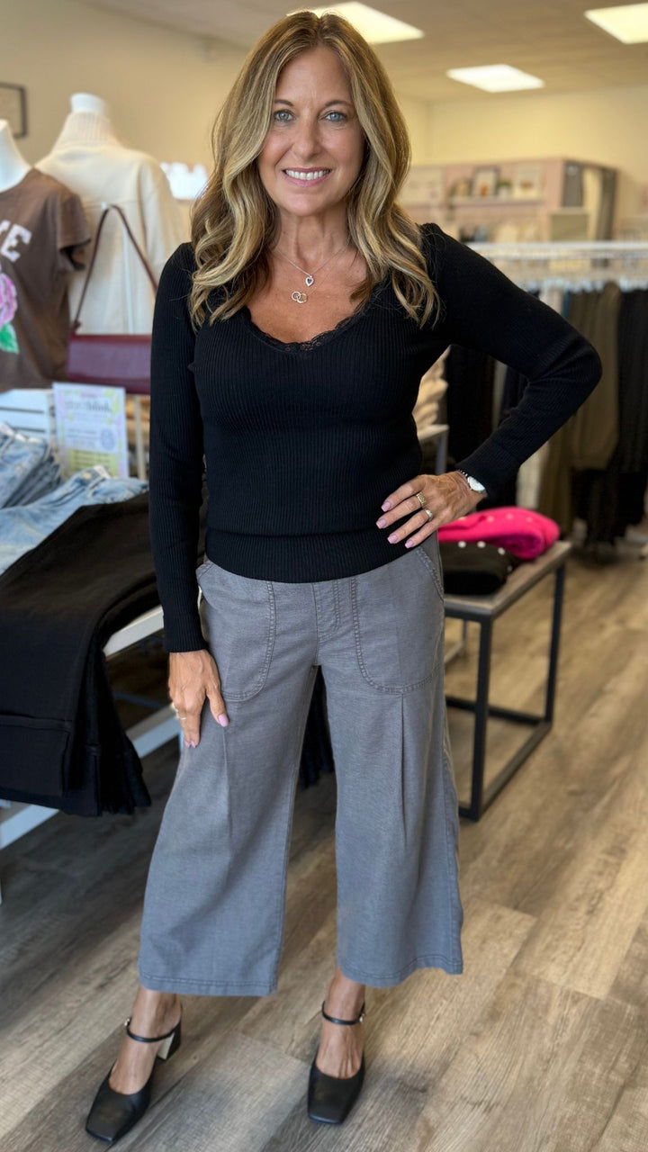 Charcoal Eileen Twill Wide Leg Crop Pants