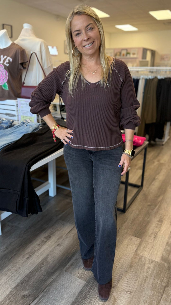 Homebody V Neck Rib Long Sleeve