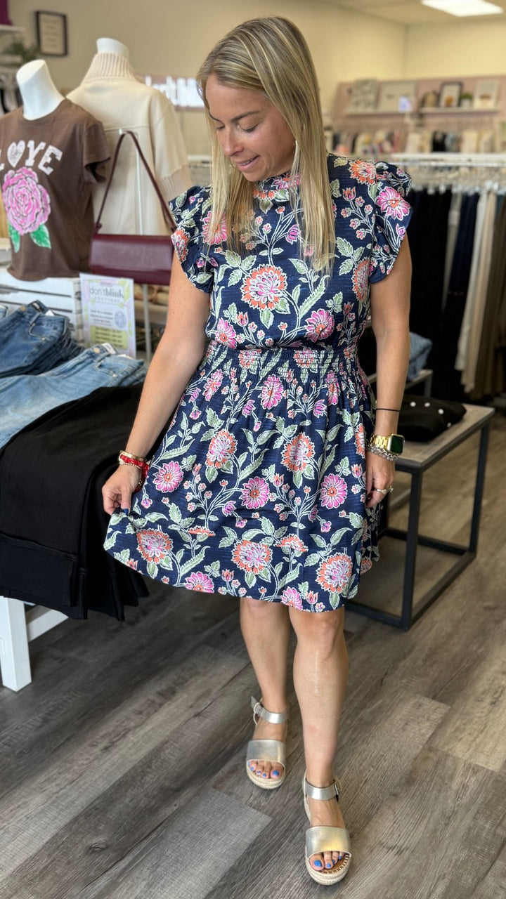 Smocked Waist Flutter Sleeve Floral Dress