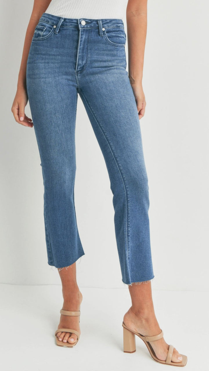 High Rise Medium Wash Tonal Crop Flare Jeans