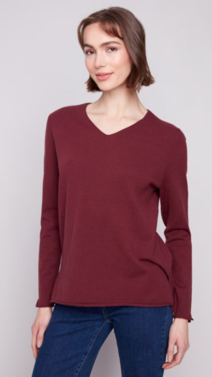 Cabernet V Neck Sweater With Side Slit
