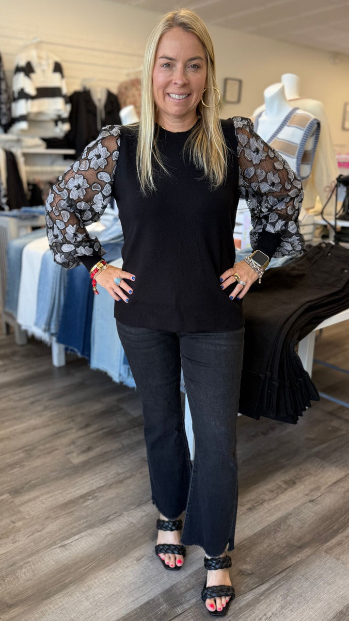 Contrast Embellished Sleeve Crew Neck Sweater