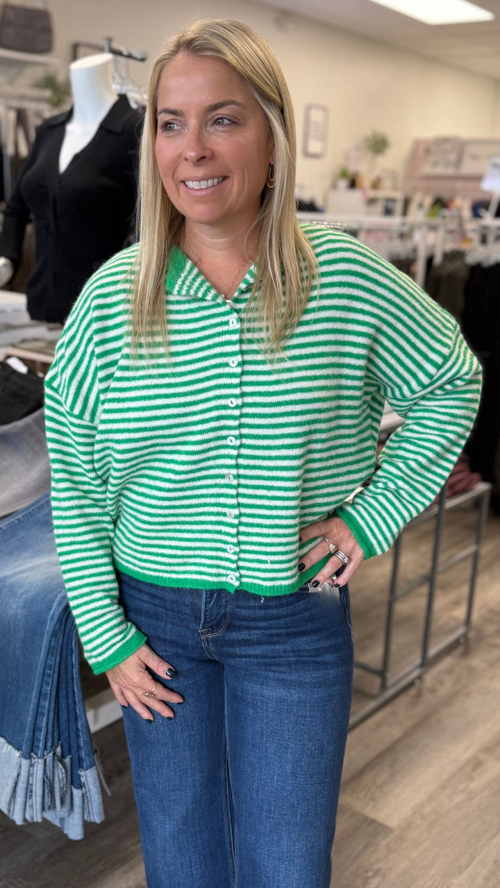 Green Mini Striped Piper Sweater Cardigan