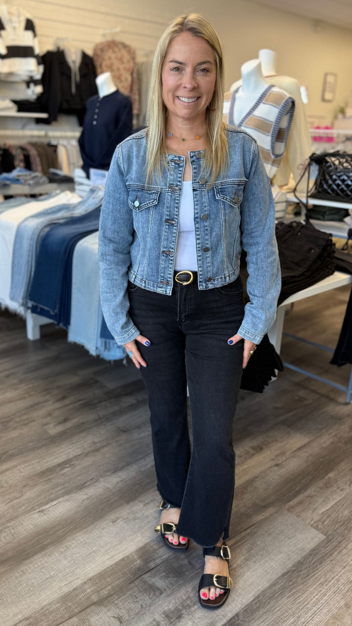 Medium Wash Collarless Denim Jacket