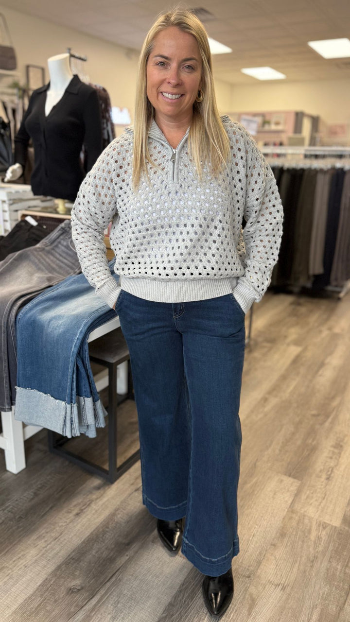 Gray Half Zip Open Knit Sweater